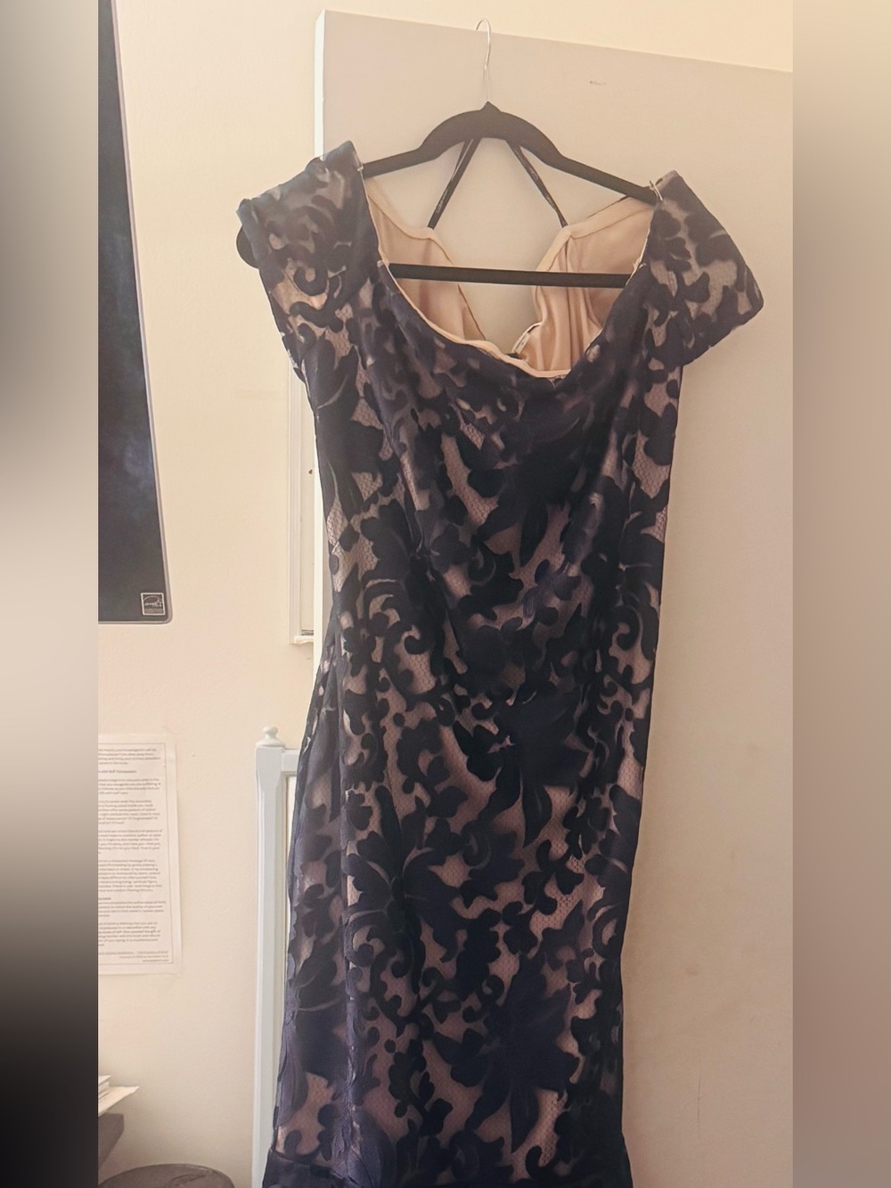Calvin Klein Black Floral Lace Midi Dress with Nude Lining